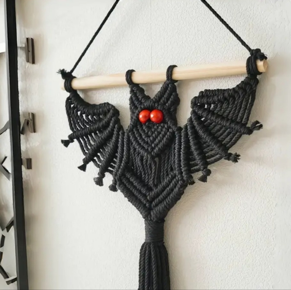 Black Macrame Bat Wall Hanging Decor SET OF 2 - Picture 2 of 4